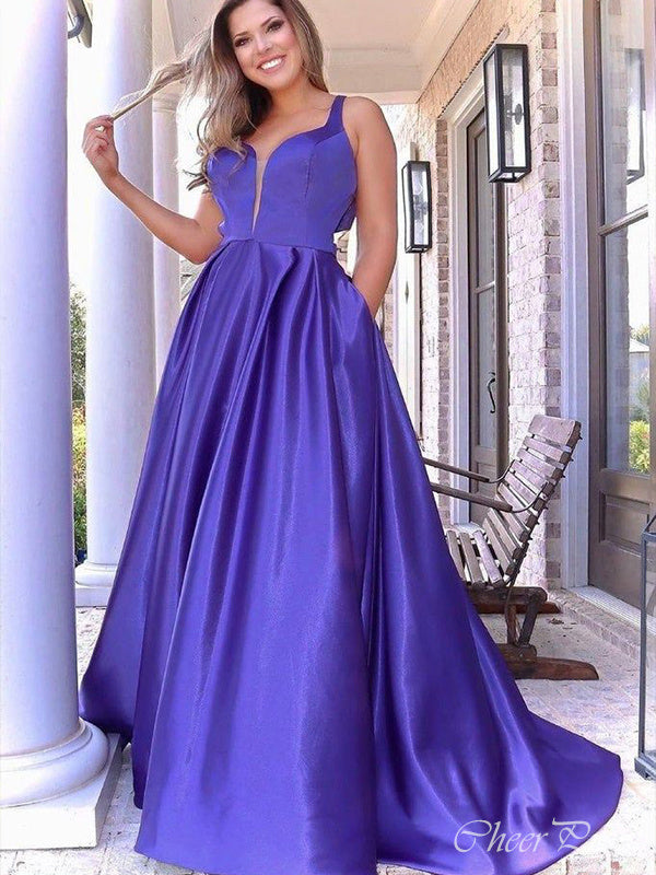 Elegant Purple A-Line Spaghetti Straps V Neck Maxi Long Party Prom Dresses,Evening Gowns,FM127