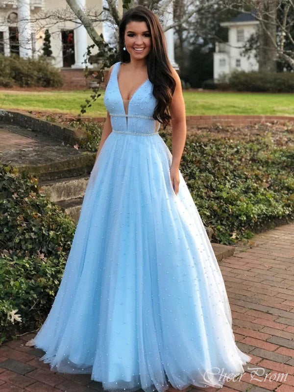 Gorgeous Blue A-Line Spaghetti Straps V Neck Beading Maxi Long Party Prom Dresses,Evening Gowns,FM128