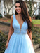 Gorgeous Blue A-Line Spaghetti Straps V Neck Beading Maxi Long Party Prom Dresses,Evening Gowns,FM128