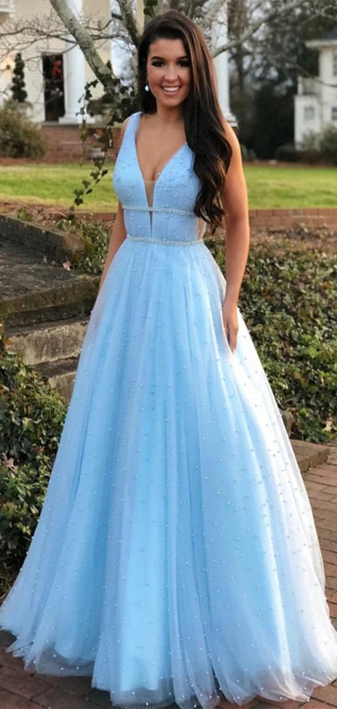 Gorgeous Blue A-Line Spaghetti Straps V Neck Beading Maxi Long Party Prom Dresses,Evening Gowns,FM128