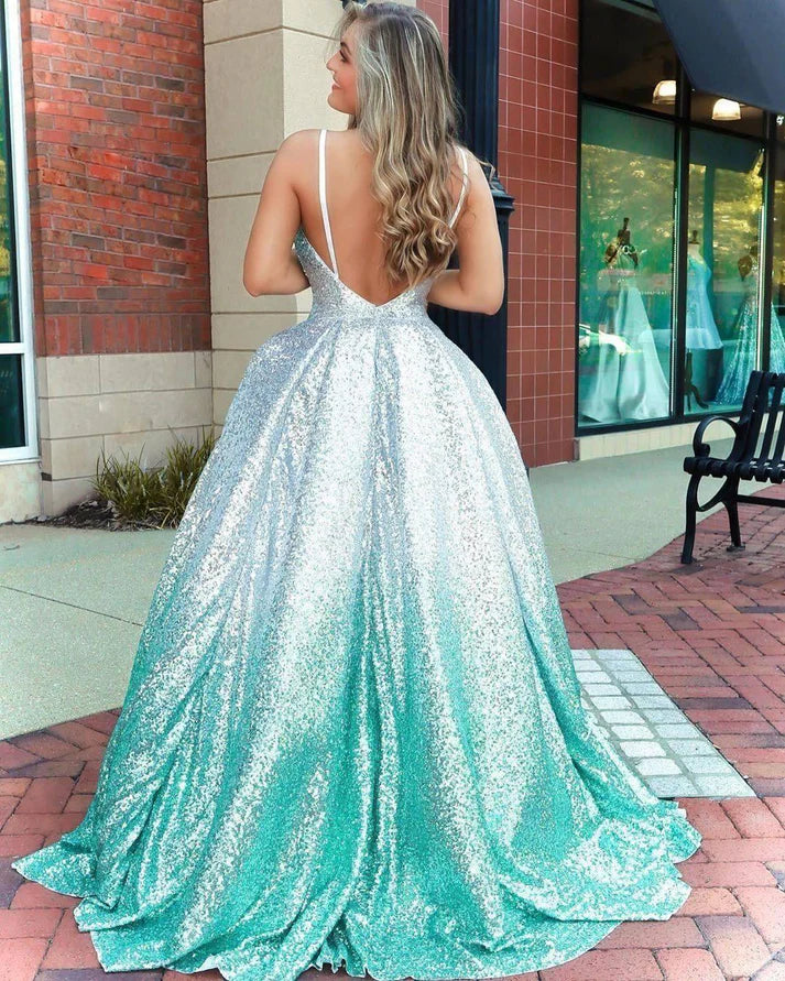 Sparkly A-Line Spaghetti Straps V Neck Sequin Maxi Long Party Prom Dresses,Evening Gowns,FM129