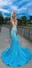 Sexy Blue Mermaid Halter V Neck Sequin Maxi Long Party Prom Gowns,Evening Dresses,FM12