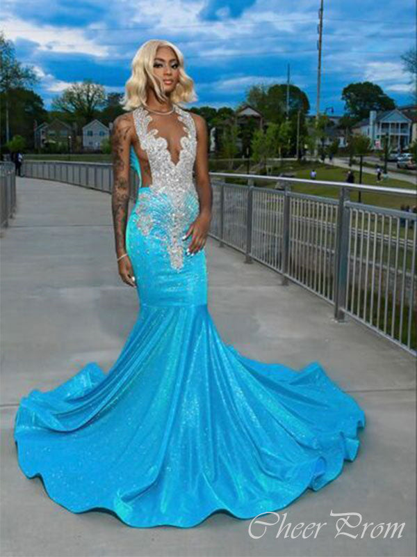 Sexy Blue Mermaid Halter V Neck Sequin Maxi Long Party Prom Gowns,Evening Dresses,FM12