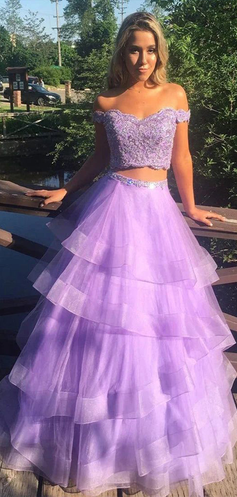 Two Pieces Purple Off Shoulder V Neck Sequins Maxi Long Party Prom Dresses,Evening Gowns,FM131