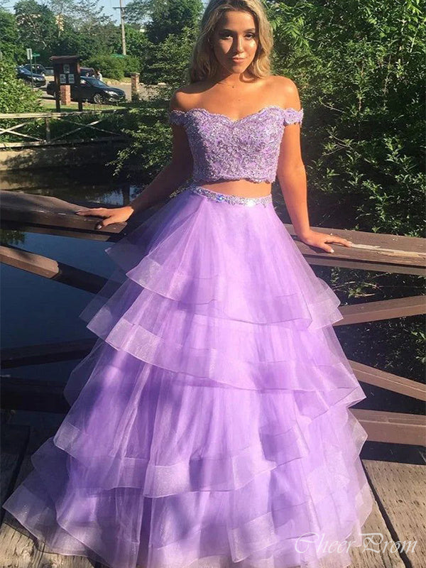 Two Pieces Purple Off Shoulder V Neck Sequins Maxi Long Party Prom Dresses,Evening Gowns,FM131