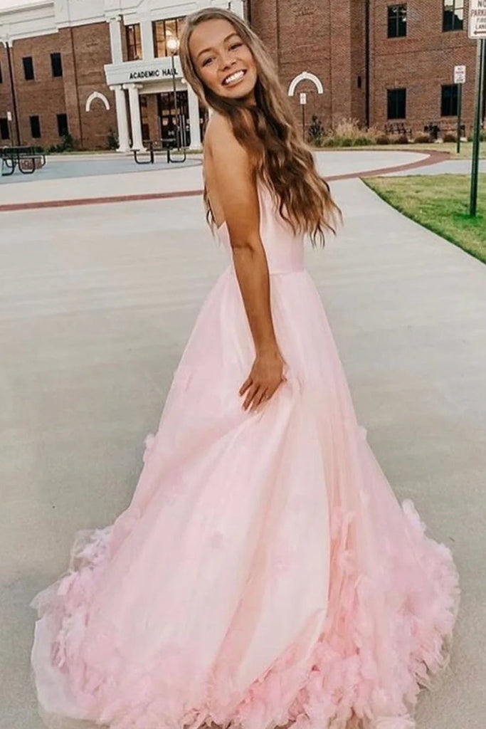 Floral Light Pink A-Line Spaghetti Straps Maxi Long Party Prom Dresses,Evening Gowns,FM132