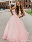 Floral Light Pink A-Line Spaghetti Straps Maxi Long Party Prom Dresses,Evening Gowns,FM132