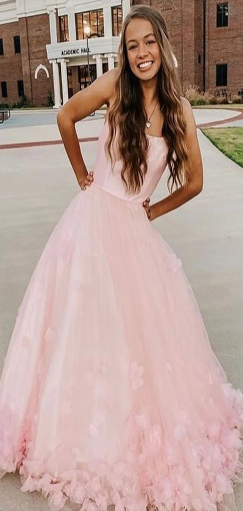 Floral Light Pink A-Line Spaghetti Straps Maxi Long Party Prom Dresses,Evening Gowns,FM132