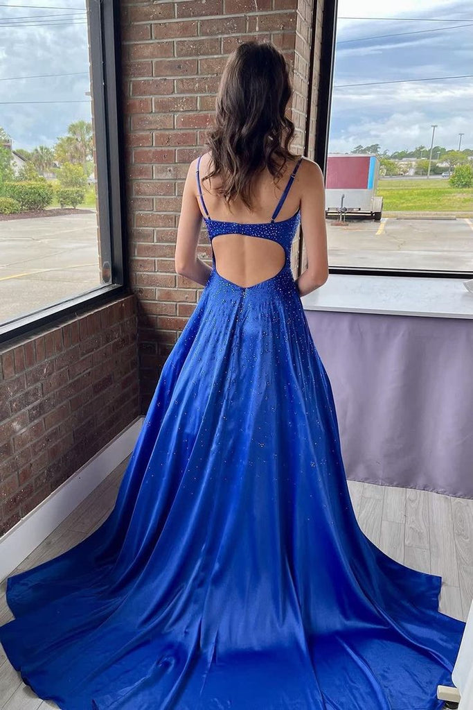 Sexy Royal Blue A-Line Spaghetti Straps V Neck Beads Maxi Long Party Prom Dresses,Evening Gowns,FM133