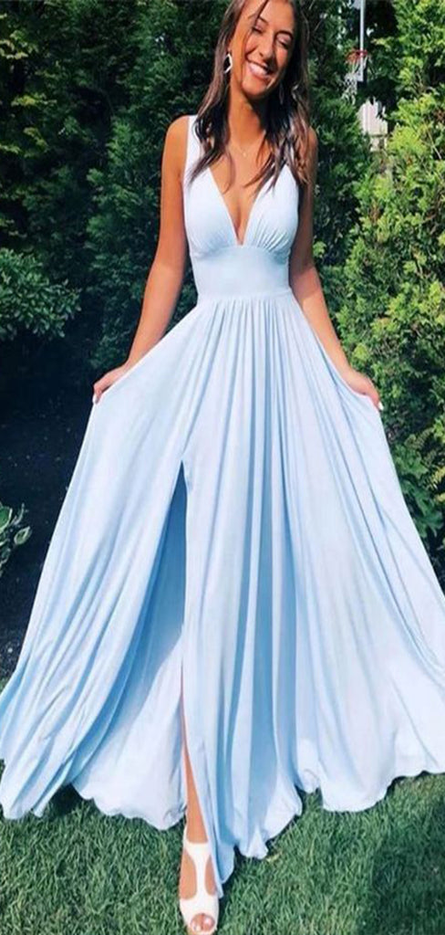 Elegant Light Blue A-Line Spaghetti Straps V Neck Side Slit Maxi Long Party Prom Dresses,Evening Gowns,FM134