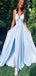 Elegant Light Blue A-Line Spaghetti Straps V Neck Side Slit Maxi Long Party Prom Dresses,Evening Gowns,FM134