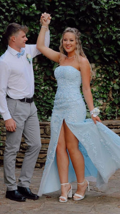 Sexy Mermaid Strapless Side Slit Applique Maxi Long Party Prom Dresses,Evening Gowns,FM137