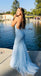 Sexy Light Blue Mermaid Spaghetti Straps Applique Maxi Long Party Prom Dresses,Evening Gowns,FM138