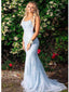 Sexy Light Blue Mermaid Spaghetti Straps Applique Maxi Long Party Prom Dresses,Evening Gowns,FM138