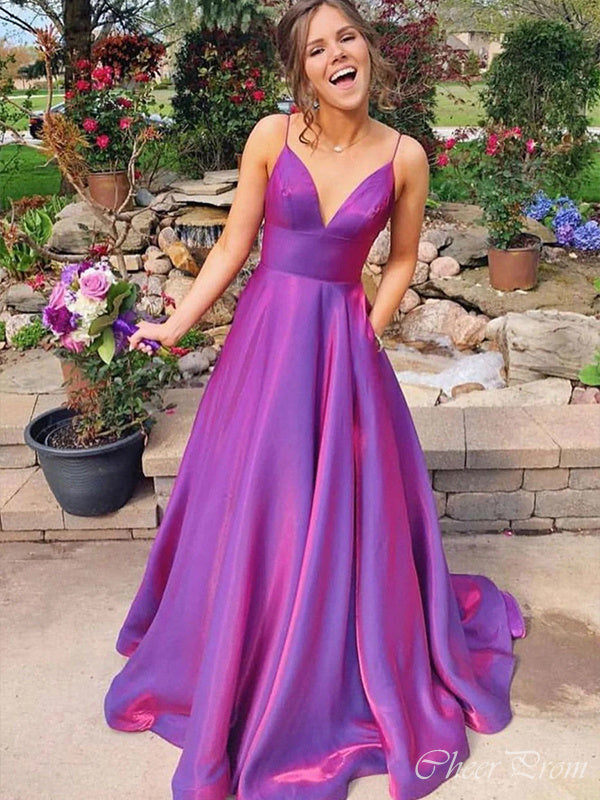 Sparkly A-Line V Neck Spaghetti Straps Maxi Long Party Prom Dresses, Evening Gowns, FM143