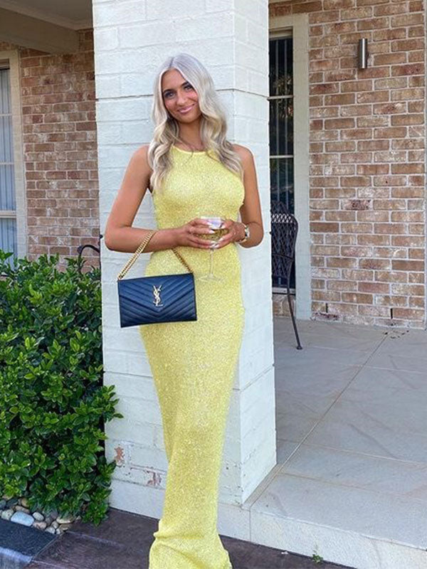 Shiny Yellow Mermaid Sleeveless Sequin Maxi Long Party Prom Dresses, Evening Gowns, FM327