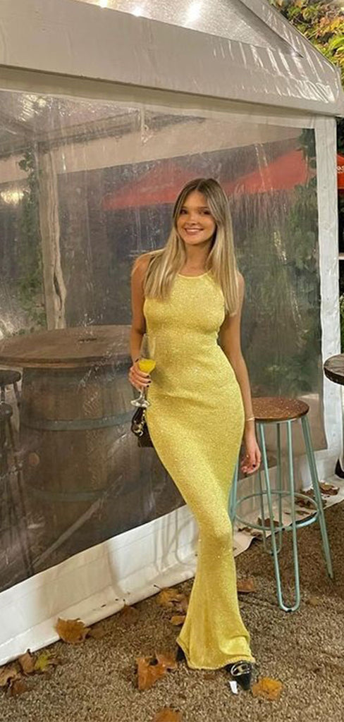 Shiny Yellow Mermaid Jewel Sleeveless Sequin Maxi Long Party Prom Dresses, Evening Gowns, FM329