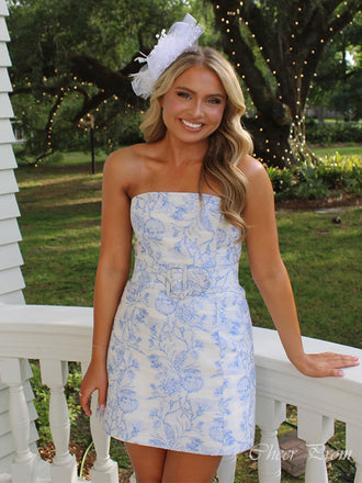 Elegant Embroidered Blue Flower Strapless Popular Short Homecoming Prom Dress, CPH243