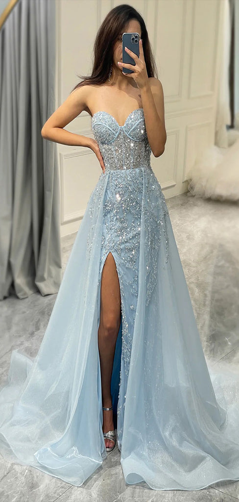 Sparkly Mermaid Strapless Side Slit Sequin Maxi Long Party Prom Dresses, Evening Gowns, FM147