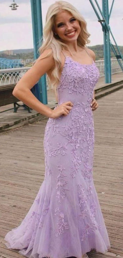 Elegant Purple Mermaid Spaghetti Straps Applique Maxi Long Party Prom Dresses, Evening Gowns, FM148