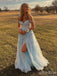 Elegant Blue A-Line Sweetheart Off Shoulder Side Slit Applique Maxi Long Party Prom Dresses, Evening Gowns, FM149