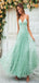 Gorgeous Mint Green A-Line V Neck Spaghetti Straps Applique Maxi Long Party Prom Gowns,Evening Dresses,FM14