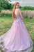 Elegant Lilac A-Line Spaghetti Straps V Neck Side Slit Applique Maxi Long Party Prom Dresses, Evening Gowns, FM150