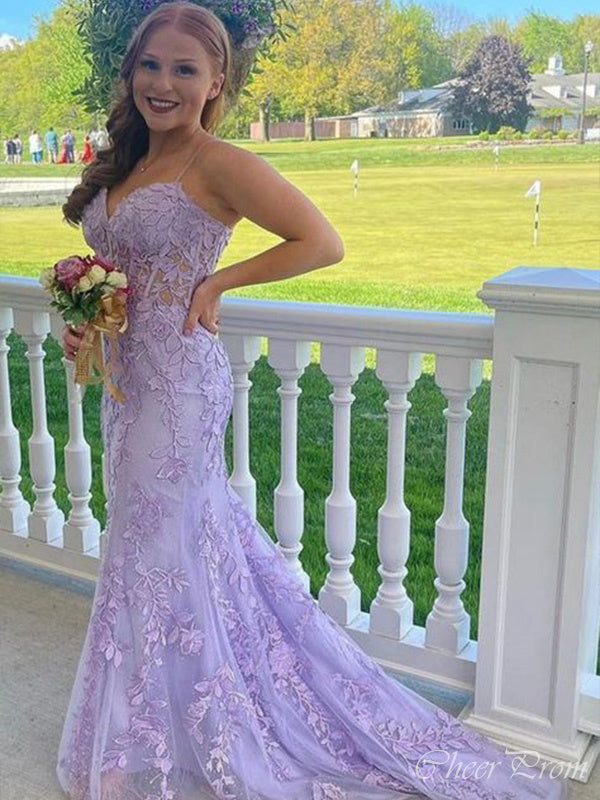 Charming Lilac Mermaid Spaghetti Straps V Neck Applique Maxi Long Party Prom Dresses, Evening Gowns, FM151