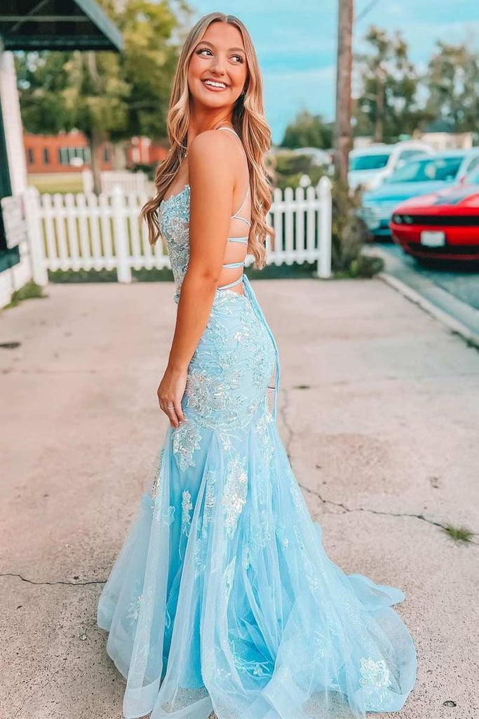 Gorgeous Light Blue Mermaid Spaghetti Straps Applique Sequin Maxi Long Party Prom Dresses, Evening Gowns, FM152