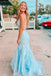 Gorgeous Light Blue Mermaid Spaghetti Straps Applique Sequin Maxi Long Party Prom Dresses, Evening Gowns, FM152