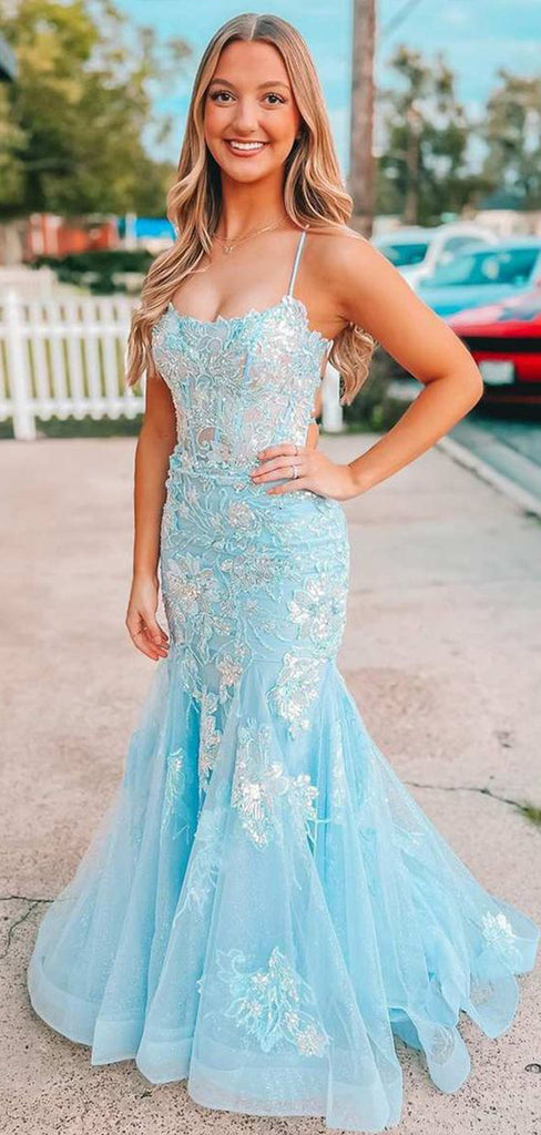 Gorgeous Light Blue Mermaid Spaghetti Straps Applique Sequin Maxi Long Party Prom Dresses, Evening Gowns, FM152