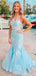 Gorgeous Light Blue Mermaid Spaghetti Straps Applique Sequin Maxi Long Party Prom Dresses, Evening Gowns, FM152