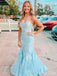 Gorgeous Light Blue Mermaid Spaghetti Straps Applique Sequin Maxi Long Party Prom Dresses, Evening Gowns, FM152