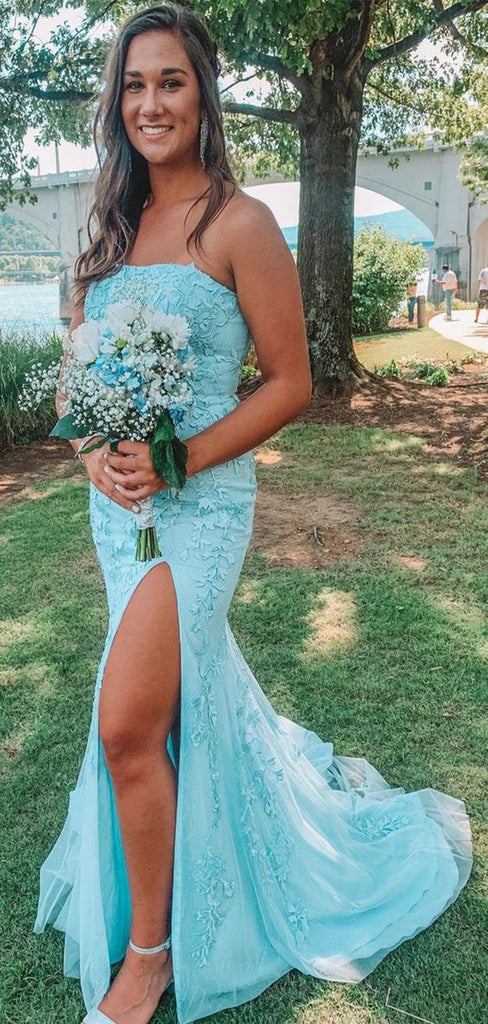 Unique Light Blue Mermaid Strapless Side Slit Applique Maxi Long Party Prom Dresses, Evening Gowns, FM154