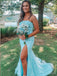 Unique Light Blue Mermaid Strapless Side Slit Applique Maxi Long Party Prom Dresses, Evening Gowns, FM154