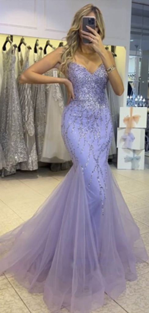 Sexy Purple Mermaid V Neck Beads Sequin Maxi Long Party Prom Dresses, Evening Gowns, FM155