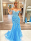 Charming Blue Mermaid Off Shoulder Applique Maxi Long Party Prom Dresses, Evening Gowns, FM156