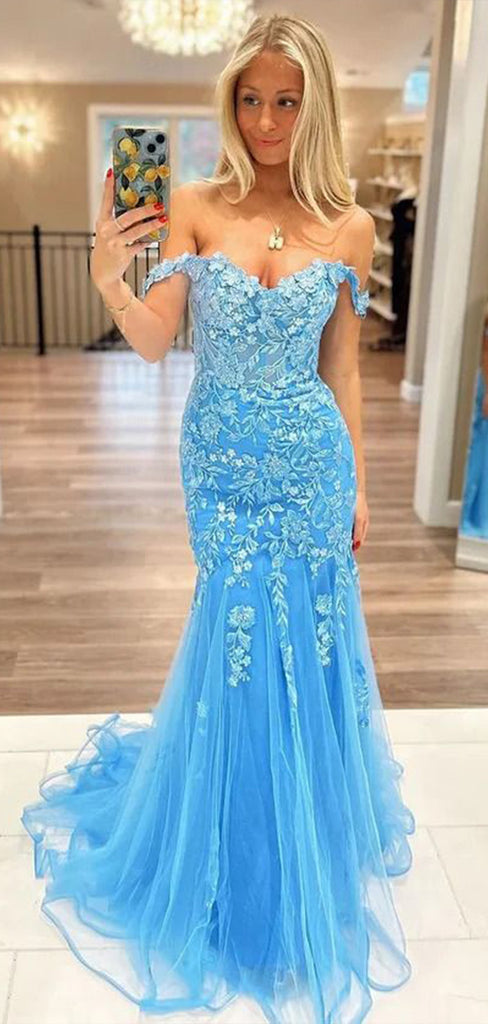 Charming Blue Mermaid Off Shoulder Applique Maxi Long Party Prom Dresses, Evening Gowns, FM156