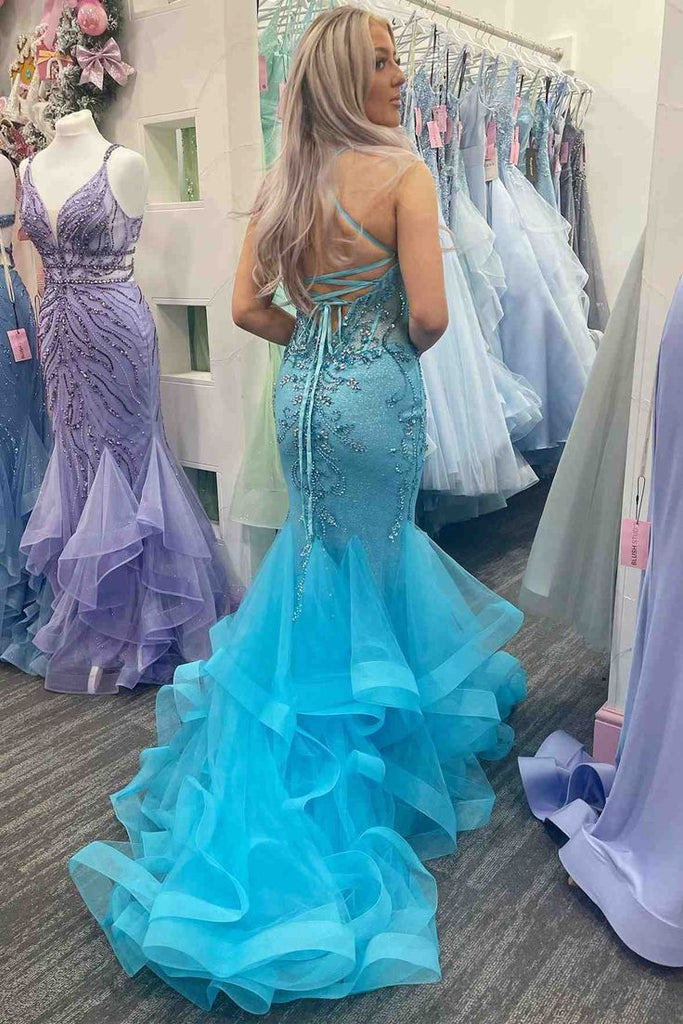 Unique Mermaid Spaghetti Straps V Neck Applique Beads Long Party Prom Dresses, Evening Gowns, FM157