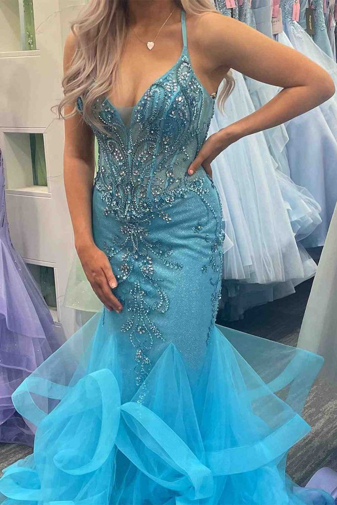 Unique Mermaid Spaghetti Straps V Neck Applique Beads Long Party Prom Dresses, Evening Gowns, FM157