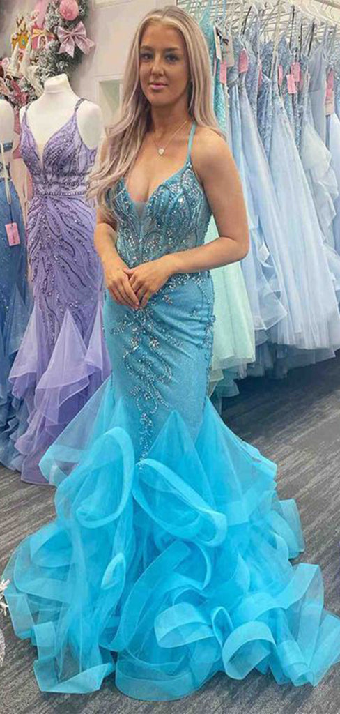 Unique Mermaid Spaghetti Straps V Neck Applique Beads Long Party Prom Dresses, Evening Gowns, FM157