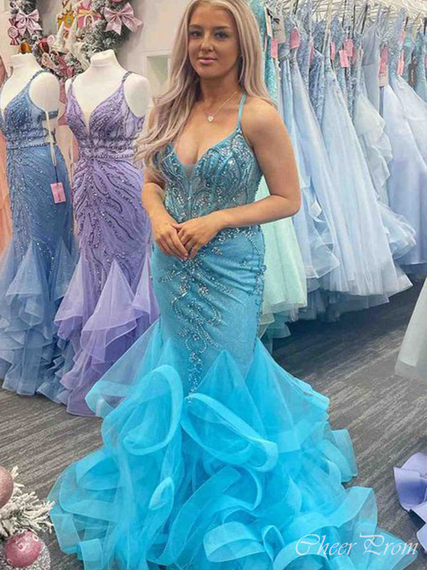 Unique Mermaid Spaghetti Straps V Neck Applique Beads Long Party Prom Dresses, Evening Gowns, FM157