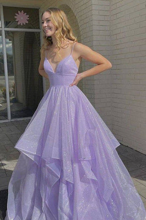 Sparkly Lilac A-Line  Spaghetti Straps V Neck Long Party Prom Dresses, Evening Gowns, FM158