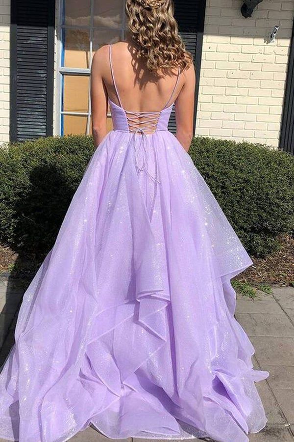 Sparkly Lilac A-Line  Spaghetti Straps V Neck Long Party Prom Dresses, Evening Gowns, FM158