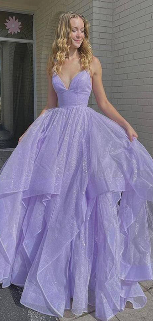 Sparkly Lilac A-Line  Spaghetti Straps V Neck Long Party Prom Dresses, Evening Gowns, FM158