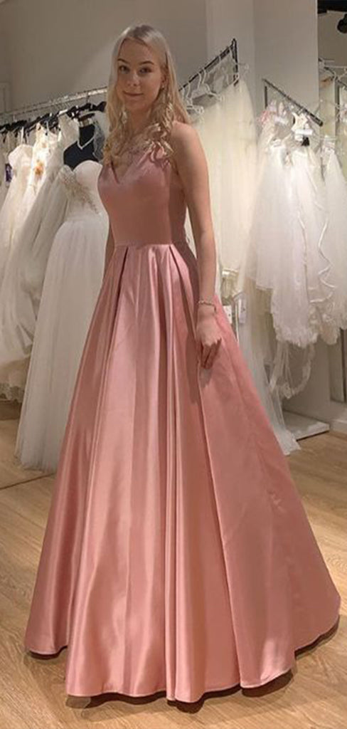 Simple A-Line Spaghetti Straps V Neck Long Party Prom Dresses, Evening Gowns, FM159