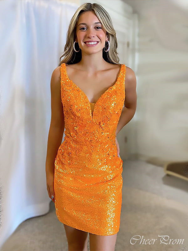 Gorgeous Orange Spaghetti Straps V Neck Sleeveless Lace Sequin Popular Short Homecoming Prom Dress, CPH181