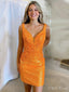 Gorgeous Orange Spaghetti Straps V Neck Sleeveless Lace Sequin Popular Short Homecoming Prom Dress, CPH181