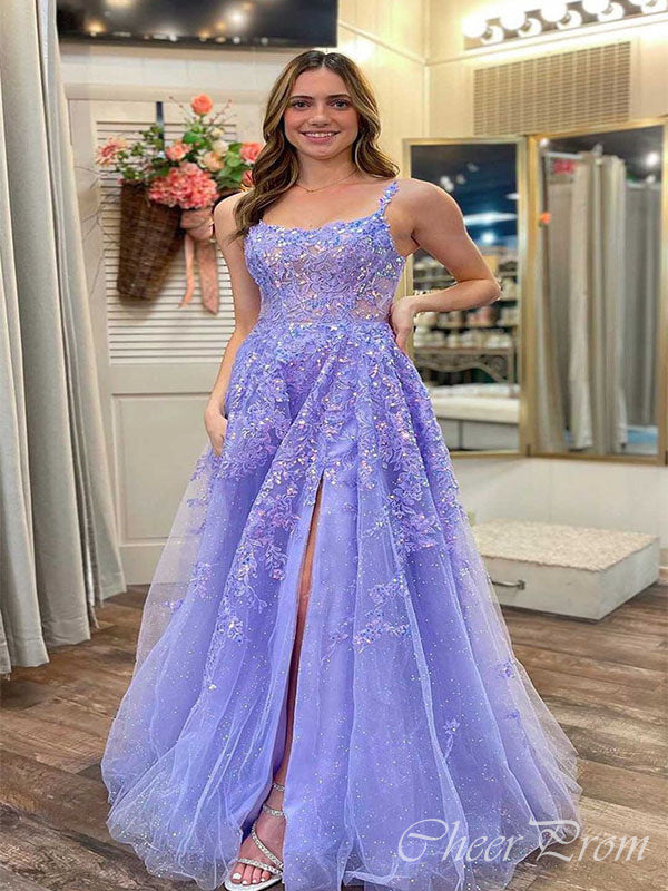 Elegant Light Purple A-Line Spaghetti Straps Side Slit Sequins Appliqu – CheerProm