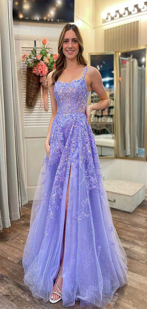 Elegant Light Purple A-Line Spaghetti Straps Side Slit Sequins Appliques Maxi Long Party Prom Gowns,Wedding Guest Dresses,FM15